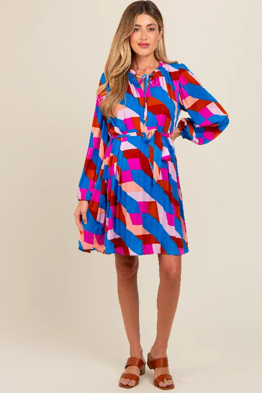 Blowout Deals fitted cocktail dressBlue Geometric Front Tie Long Puff Sleeve Maternity Dress