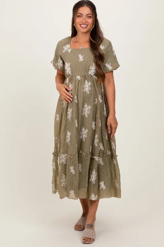 Massive Deals pleated dressOlive Floral Print Ruffle Hem Maternity Midi Dress