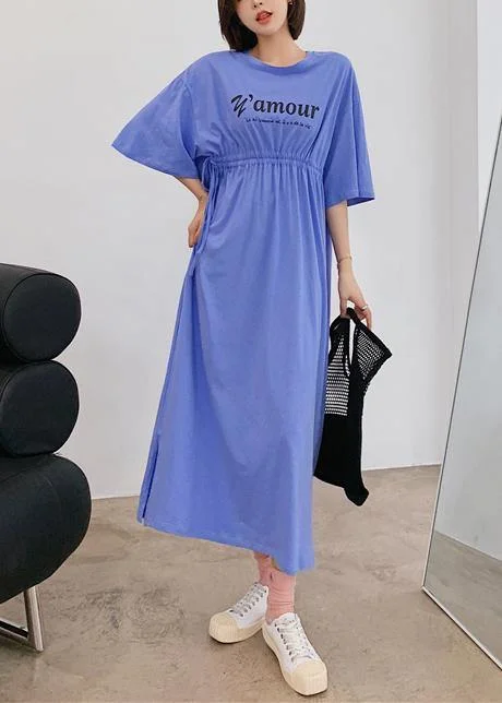 Price Reduction ruched dressOrganic blue Letter clothes For Women o neck Cinched Robe Dress