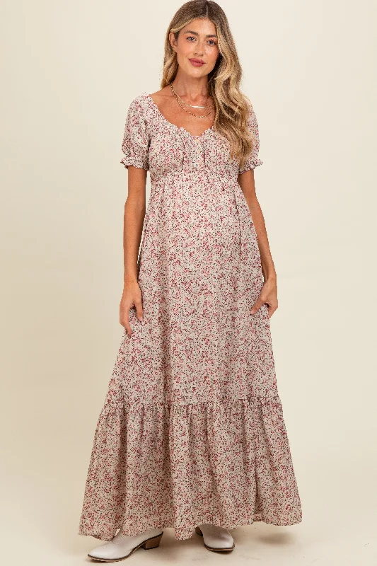Special Discount sleek midi dressCream Floral Button Accent Maternity Maxi Dress