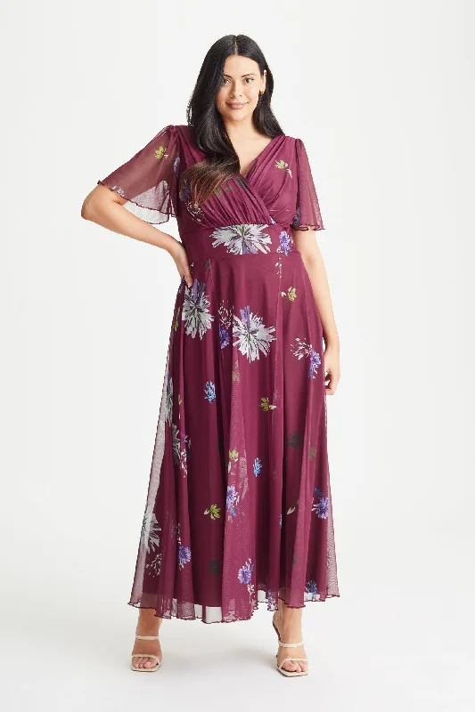 Flash Deals ruched dressIsabelle Magenta Dandelion Float Sleeve Maxi Dress