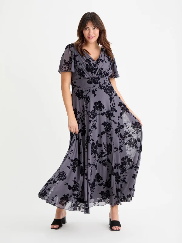 Overstock playful dressIsabelle Dark Grey Chinoise Velvet Flock Angel Sleeve Maxi Dress