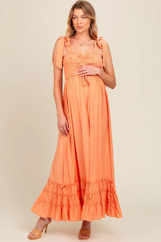Amazing Deals chic dressOrange Sweetheart Neck Smocked Shoulder Tie Maternity Maxi Dress