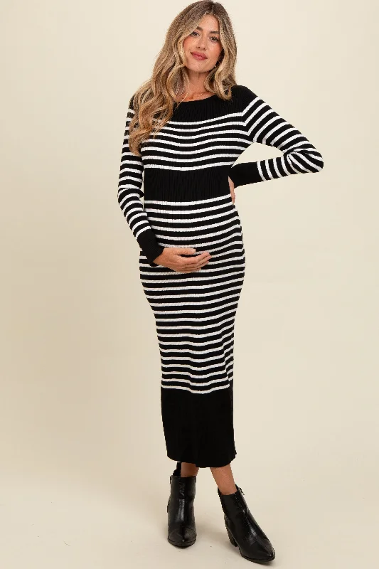 Exclusive Savings elegant evening dressBlack Striped Maternity Midi Sweater Dress