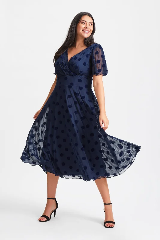 Year-End Sale chic shift dressVictoria Dark Navy Velvet Flock Angel Sleeve Mesh Long Midi Dress
