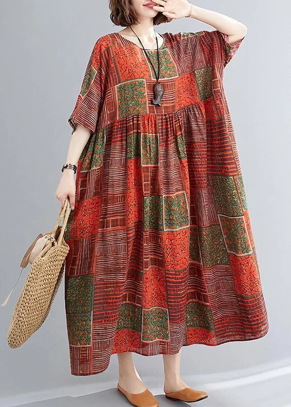 Extra Savings bohemian dressDIY orange red print cotton linen clothes o neck Extra large hem cotton robes Dresses