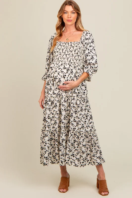 Super Sale minimalistic dressCream Smocked Tiered Pocketed Maternity Midi Dress
