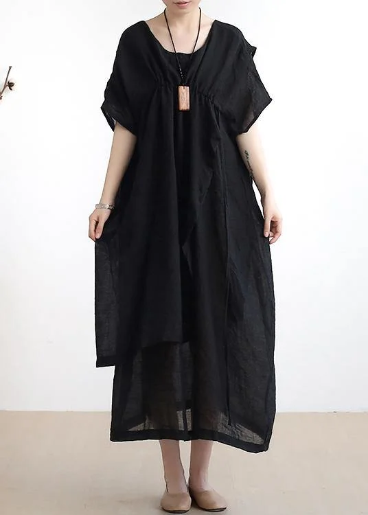 New Deals midi dressFrench o neck asymmetric cotton summer dress Sewing black Dresses