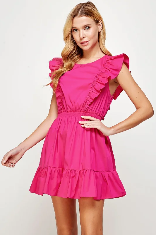 Grand Opening Sale elegant maxi dressFuchsia Back Tie Detail Ruffled Sleeveless Mini Dress