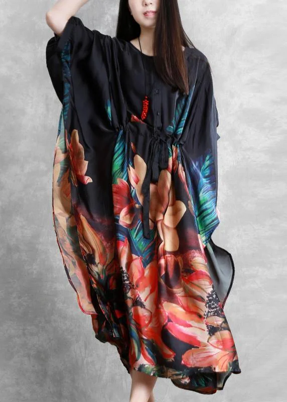 Lowest Price puff sleeve dressNatural o neck Batwing Sleeve summer dresses black print Dresses