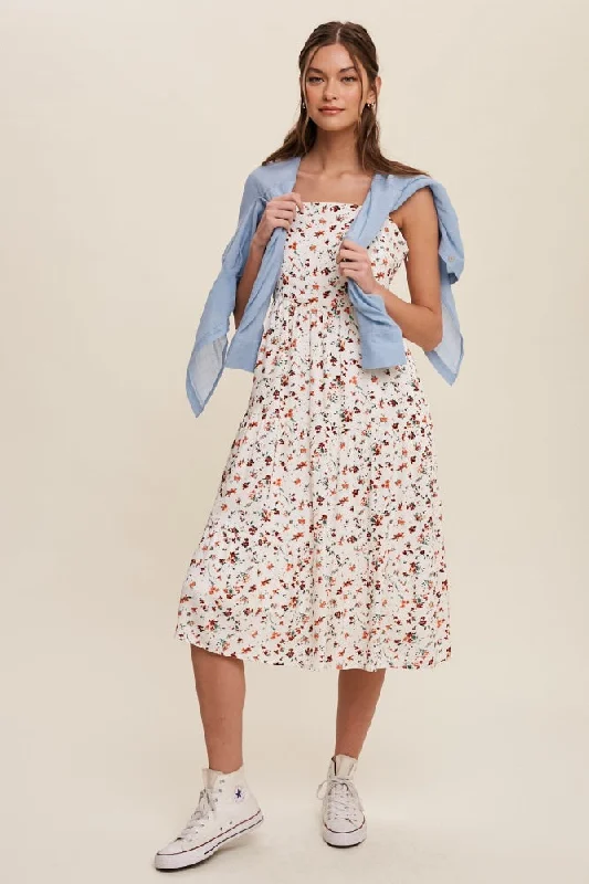 Now or Never minimalistic dressOrange Floral Print Square Neck A-Line Skirt Midi Dress