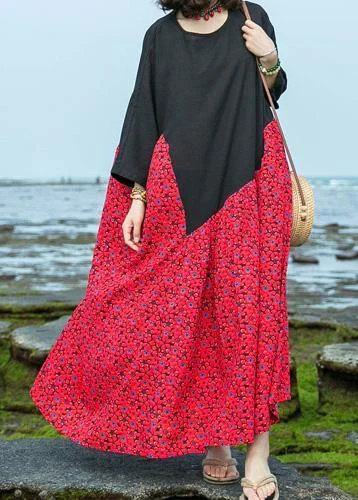 Weekend Deal pleated dressNatural o neck large hem cotton linen dresses black patchwork red print Dresses summer