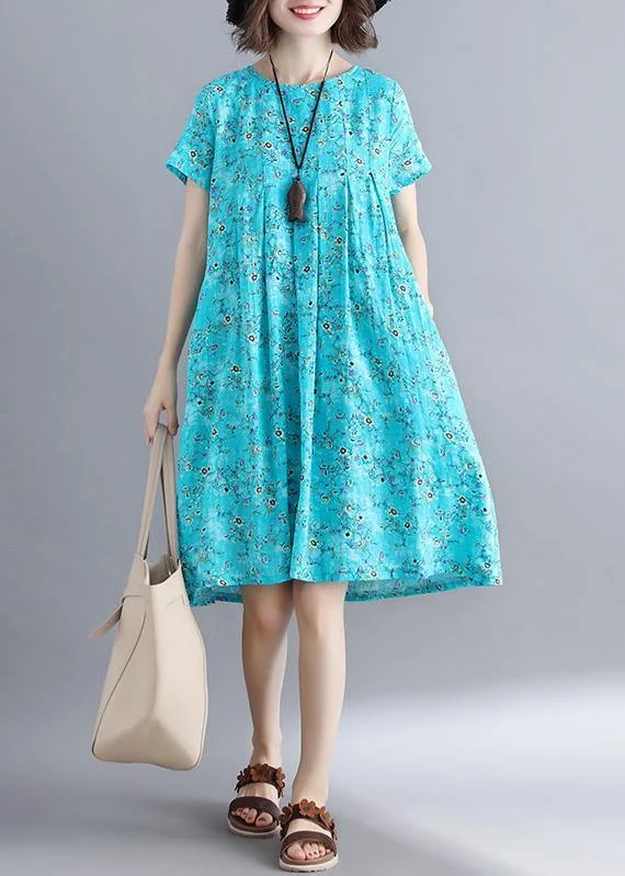 Referral Discount mini dressLoose blue floral dresses o neck Cinched loose summer Dresses