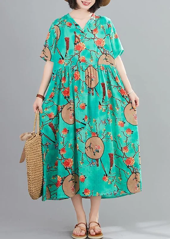 Online Only casual knit dressClassy green print quilting clothes v neck short sleeve Plus Size summer Dresses