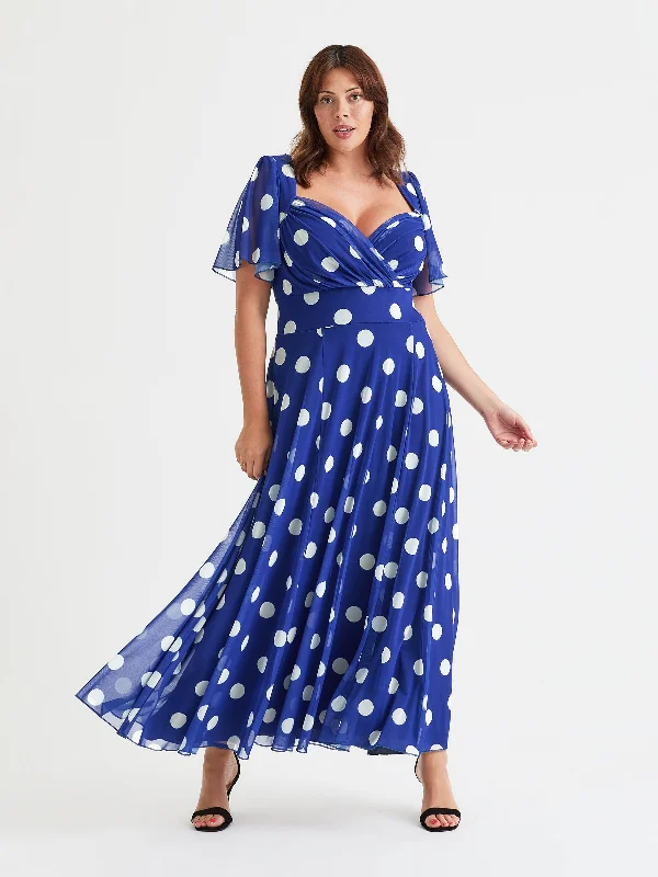 Closeout ruffle dressKemi Royal Blue Spot Print Bolero Wrap Bodice Maxi Gown