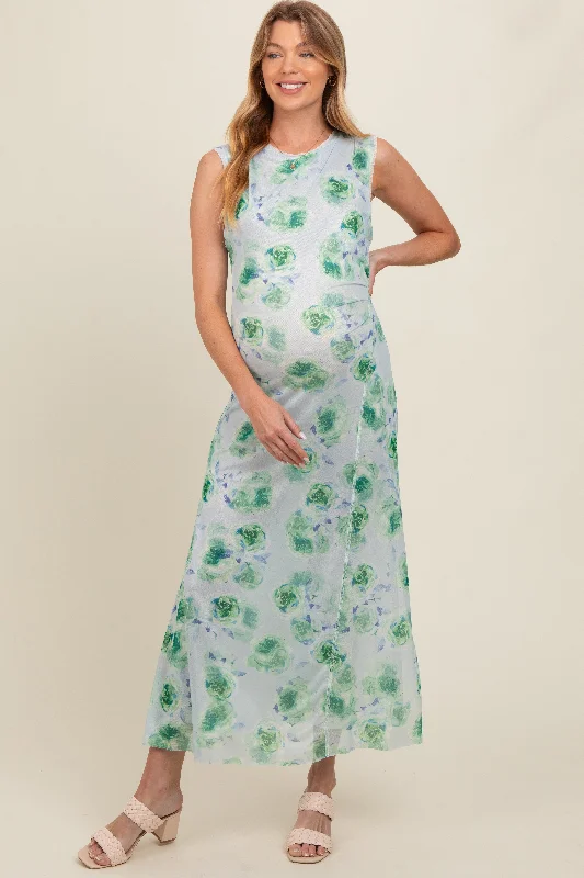 Value Deals layered dressLight Blue Rose Print Ruched Mesh Maternity Dress