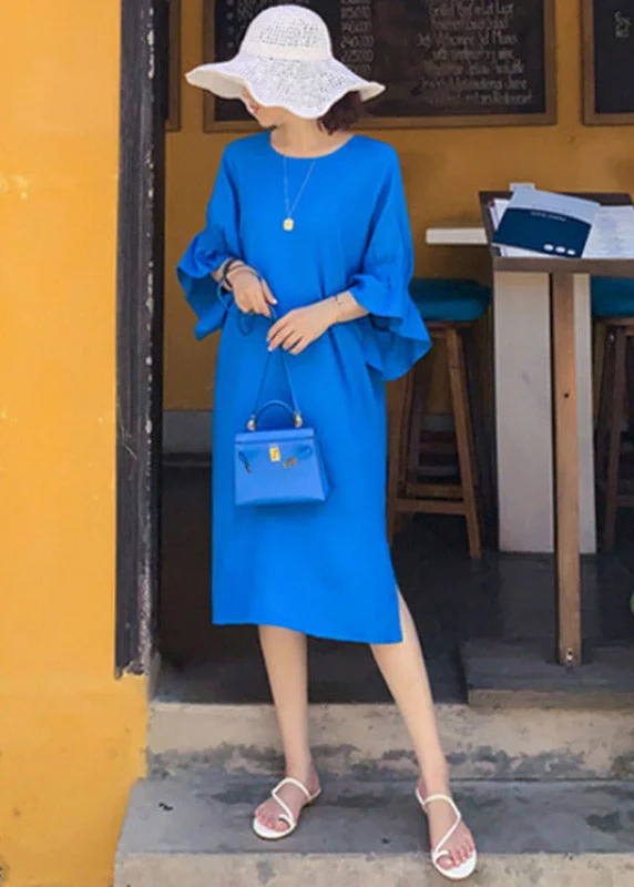Doorbuster Deal draped dressCasual Blue O-Neck Long Dresses Flare Sleeve