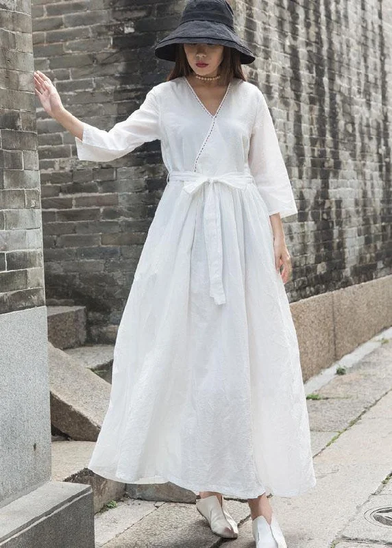 Big Savings off-the-shoulder dressNatural v neck linen clothes For Women Outfits white Dress fall