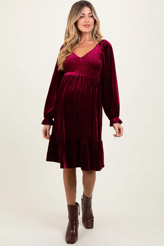 Super Sale sleeveless dressBurgundy Velvet Smocked Maternity Long Sleeve Dress