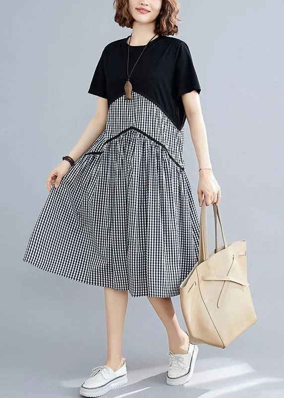 Closeout cocktail dressItalian plaid cotton linen clothes o neck patchwork loose summer Dress