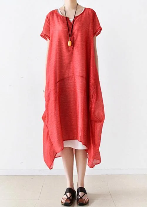 Special Savings t-shirt dressWomen red linen Robes o neck patchwork Maxi summer Dresses