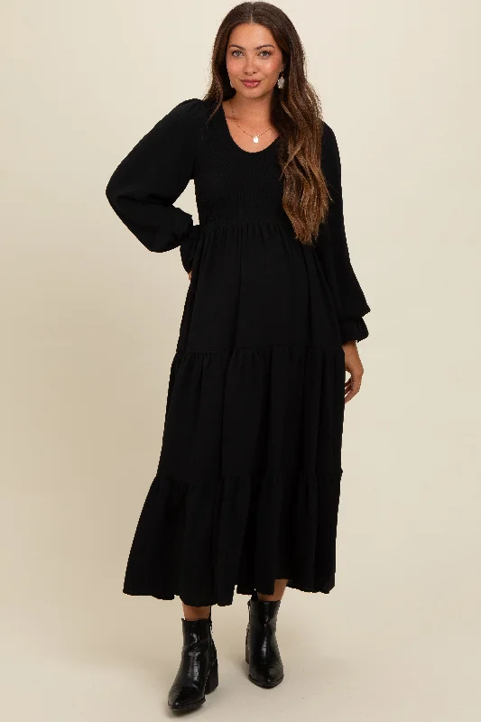 Shop and Save trendy dressBlack Smocked Tiered Long Sleeve Maternity Maxi Dress