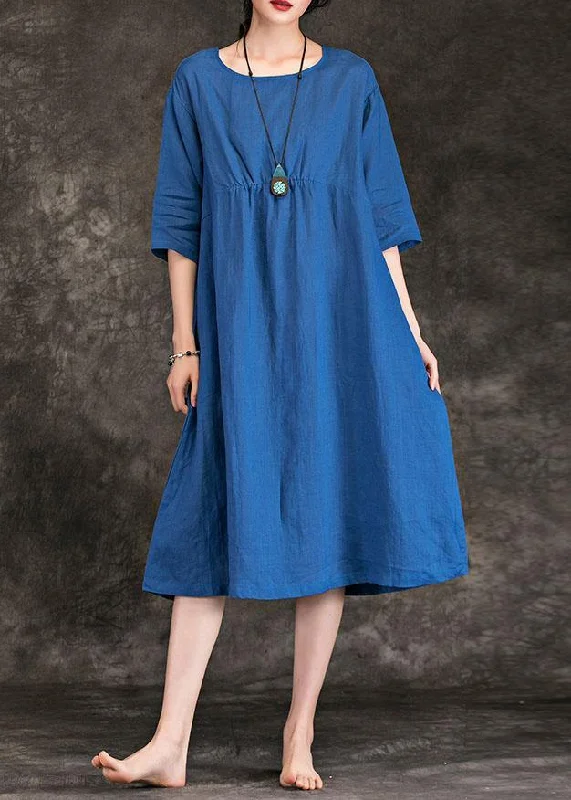 Special Savings lace dressItalian blue linen dress o neck Cinched Three Quarter sleeve summer Dress