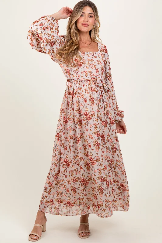 Super Deal pleated dressCream Floral Square Neck Front Tie Maternity Midi Dress