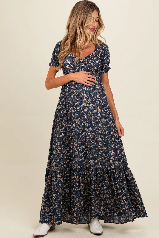 Closeout stylish dressNavy Blue Floral Button Accent Maternity Maxi Dress