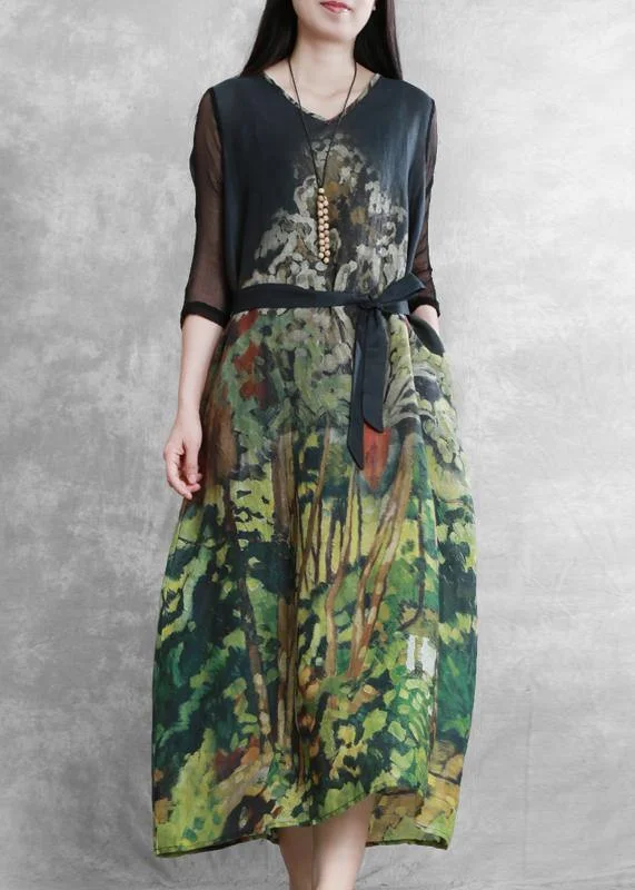 Final Markdown spaghetti strap dressDIY v neck tie waist summer clothes Wardrobes green Forest print Dresses