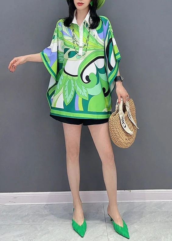 Steals and Deals Green Print Patchwork Silk Blouse Tops Peter Pan Collar Summer LC0334