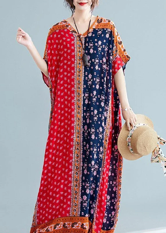 Amazing Deals pleated maxi dressNatural red print cotton dresses v neck pockets cotton robes summer Dresses