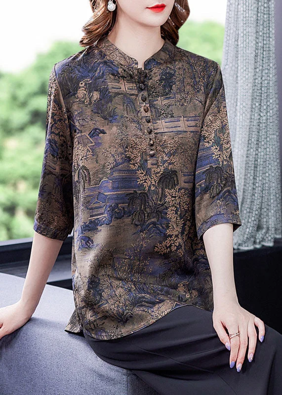 One-DAY Sale Fashion Blue Patchwork Print Button Silk Blouse Tops Summer LY0427