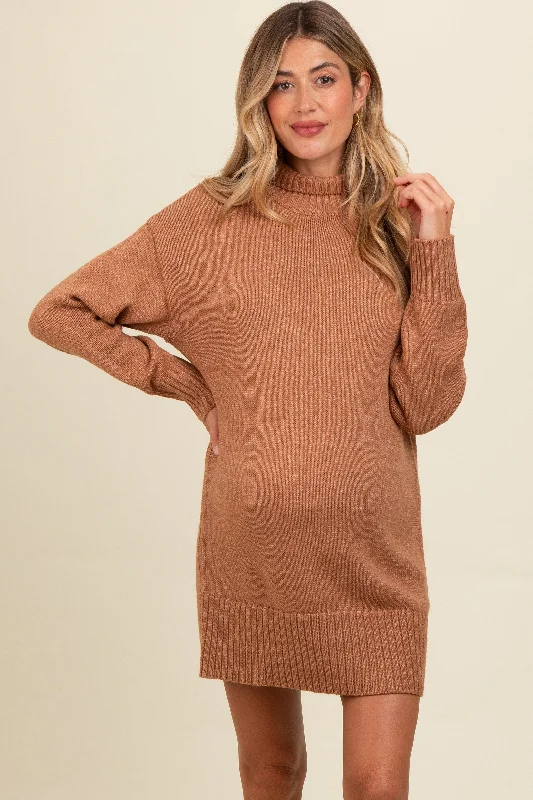 Special Offer classic fit-and-flare dressCamel Turtle Neck Maternity Mini Sweater Dress