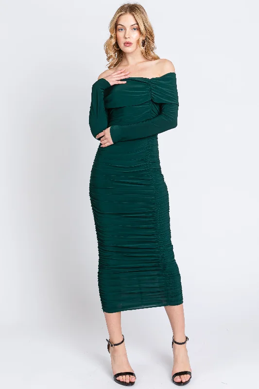 Savings Event form-fitting dressForest Green Off Shoulder Mesh Ruched Midi Dress