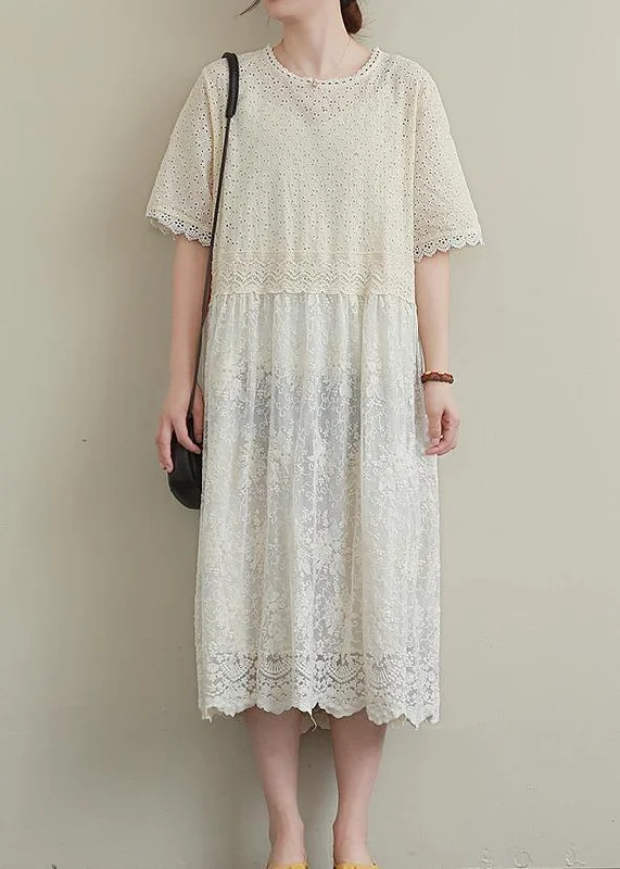 Special Offer sleek midi dressItalian patchwork hollow out cotton clothes Women Outfits beige embroidery Plus Size Dresses