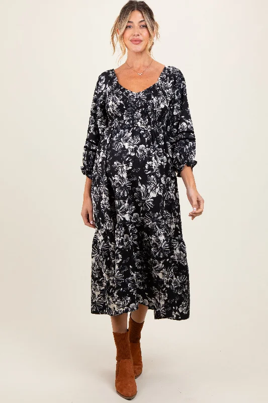 Blowout Deals floral wrap dressBlack Floral Smocked 3/4 Sleeve Tiered Maternity Midi Dress