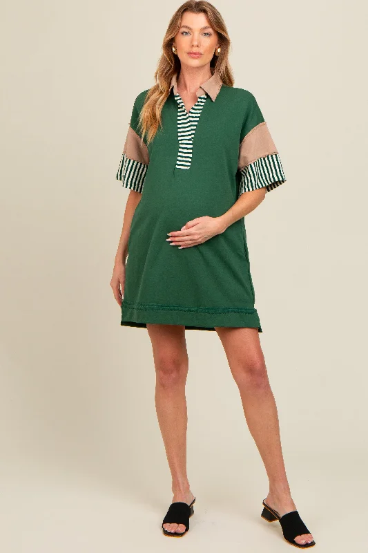 Price Slash midi dressForest Green Striped Color Block Collared Terry Maternity Dress