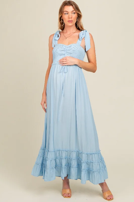Super Sale cocktail party dressLight Blue Sweetheart Neck Smocked Shoulder Tie Maternity Maxi Dress