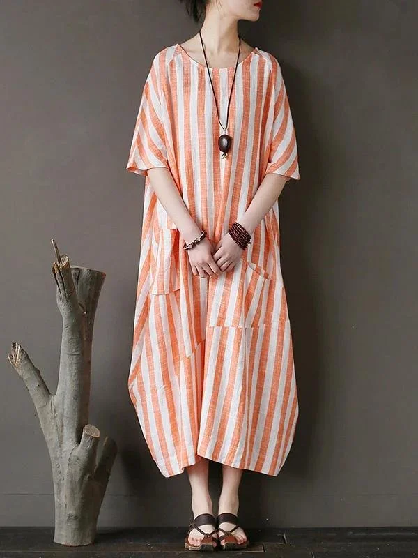 Buy More, Save More draped dress100% o neck patchwork cotton dress Tutorials orange striped Kaftan Dresses