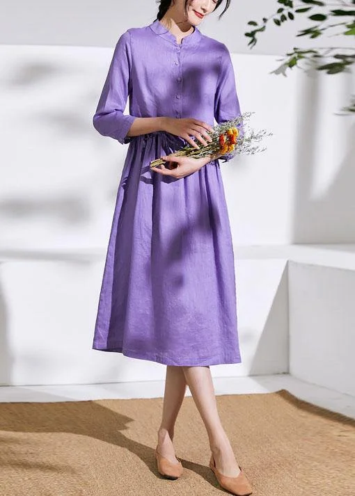 Exclusive Savings playful dressHandmade stand collar drawstring linen summer Wardrobes Runway purple Dress
