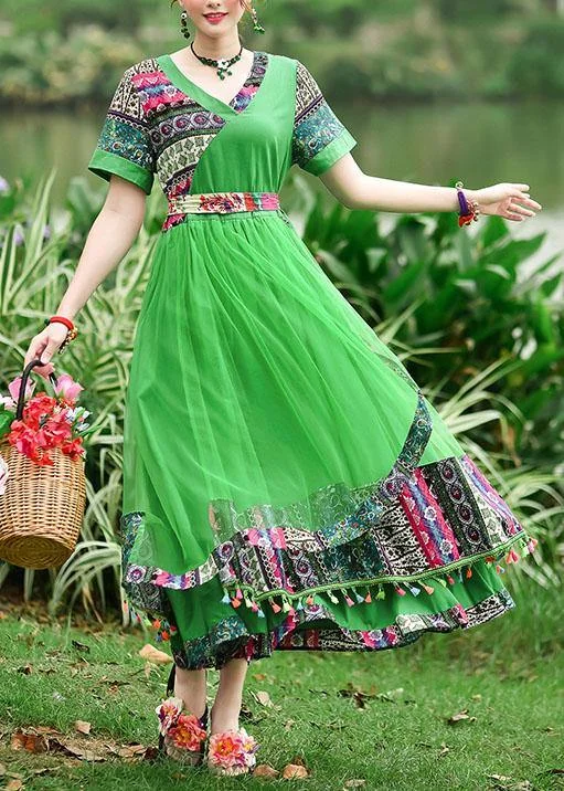 Instant Savings cocktail dressModern green print tunics for women v neck patchwork tulle summer Dress