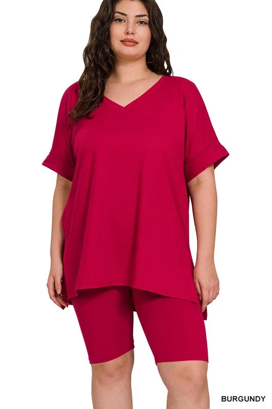 Deal Explosion Hi Curvy Plus Size Women Brushed DTY Microfiber V-neck Top & Biker