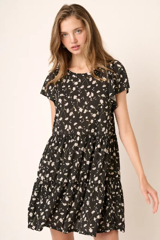 Instant Discount playful dressBlack Daisy Flower Print Ruffle Detail Mini Dress