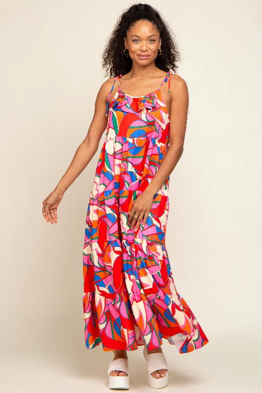 Blowout Sale chic shift dressCoral Multi-Color Printed Tiered Dress