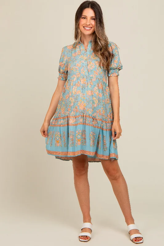 Clearance Items flowy evening dressLight Blue Floral Button Up Ruffle Hem Maternity Dress
