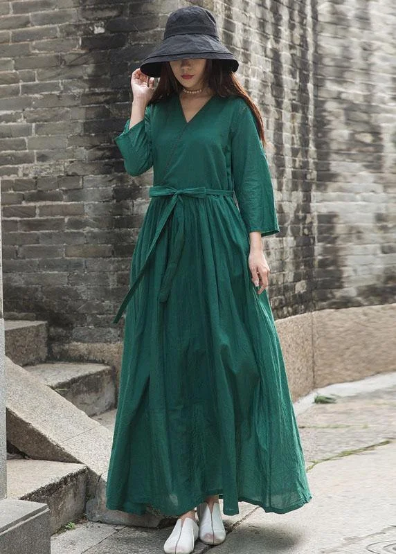Price Drop wrap-around dressFrench green embroiedry linen Wardrobes bracelet sleeved loose fall Dresses