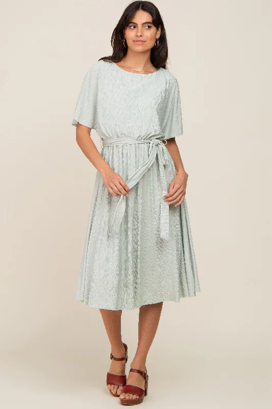 New Deals A-line dressMint Green Crinkle Knit Tie Waist Short Sleeve Dress