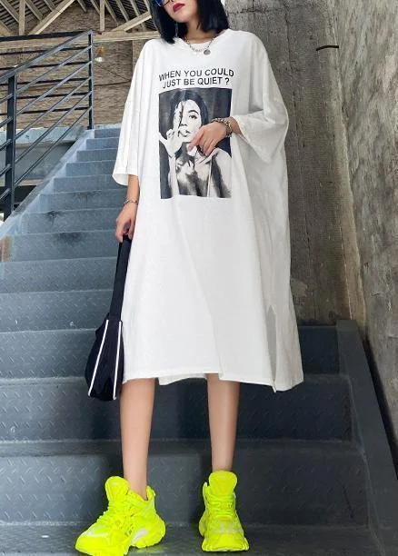 Best Deals formal dressChic white Letter tunics for women o neck side open A Line summer Dresses