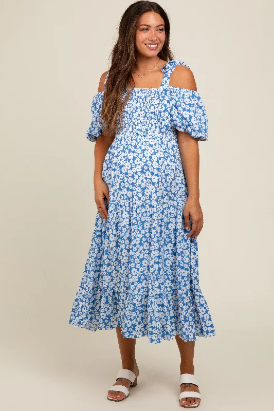Don't Wait romantic dressBlue Floral Off Shoulder Smocked Maternity Dress